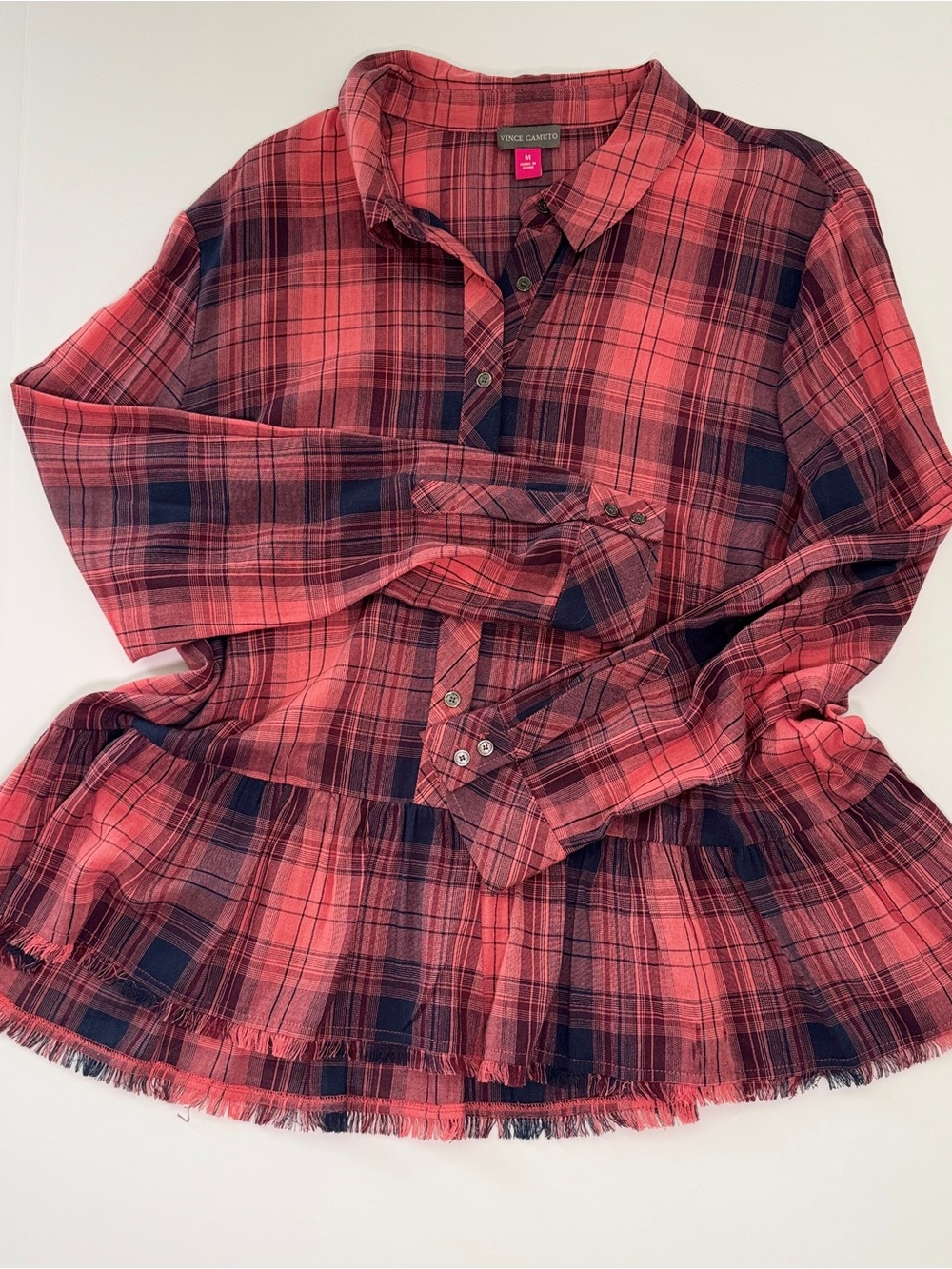 Vince Camuto Women’s Red Navy & Black Plaid Peplum Button-Down